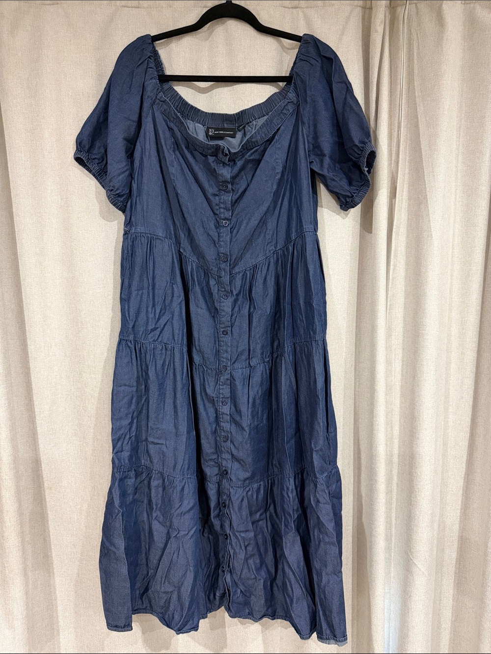 New York & Company Navy Button-Front Tiered Maxi Dress